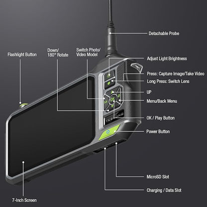 Triple Lens Borescope with 7" IPS Screen, Teslong 1080P HD Industrial Endoscope Inspection Camera with Light, 16.5FT Flexible Automotive Mechanic Scope Tool, Waterproof Pipe Snake Camera in Wall Cam