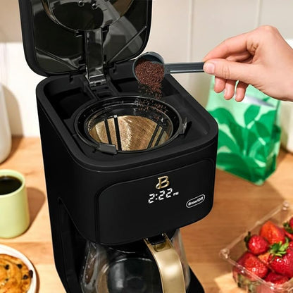 Beautiful 12-Cup Programmable Coffee Maker by Drew Barrymore, Touch-Activated Display, Auto Brew 24hr Timer, Regular/Gourmet/Bold Strength Options, Auto Clean & Keep Warm – Matte Finish (Black Sesame)
