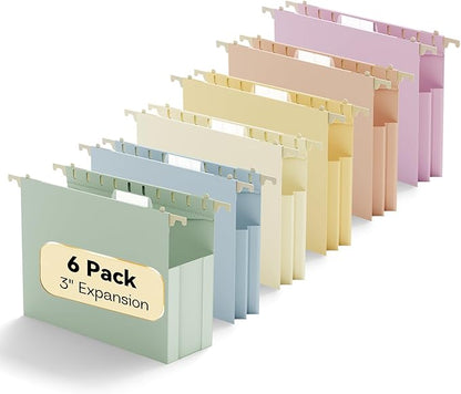 Plastic Expandable Hanging File Folder Letter Size,Heavy Duty 3"Expansion,6 Pack Extra Capacity Hanging Folders,Accordian Pocket,Adjustable Tabs,Hanging Organizer for Bulky Files,Morandi color