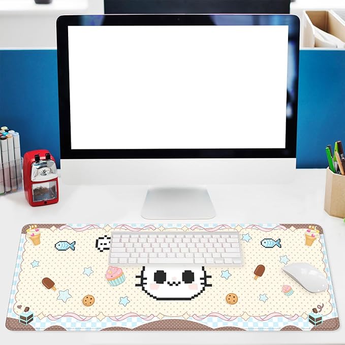Pixel Cat Desk Mat Cute Kawaii Cartoon Cake Kitten Extended Gaming Mouse Pad Mat with Stitched Edge Non-Slip Base Big Mousepad 31.5"x11.8"
