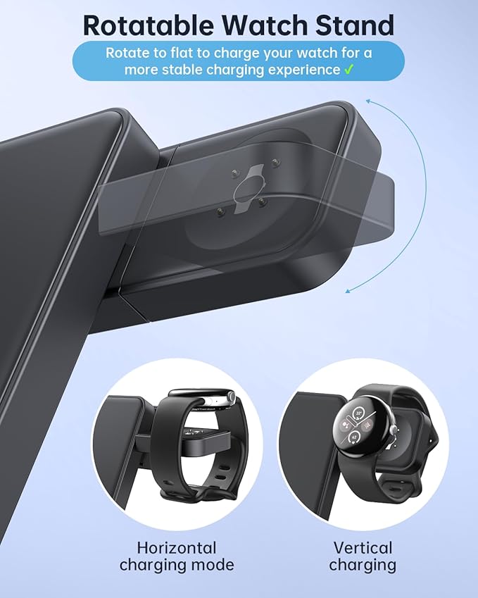 Foldable Wireless Charger for Google Pixel Watch 3/2, 3 in 1 Fast Charging Station Stand for Pixel 10 Pro XL/10 Pro/9/8/7 Pro/8a/8/7/6 Pro and Buds (Not for Pixel Watch 4/1) with QC Adapter