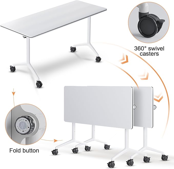 Conference Room Table, 55 Inch Folding Conference Tables with Wheels, Modern Office Meeting Table, Easy Flip & Nest Design, Rectangular Seminar Tables with Metal Frame for 2-24 People(A 6PCS)