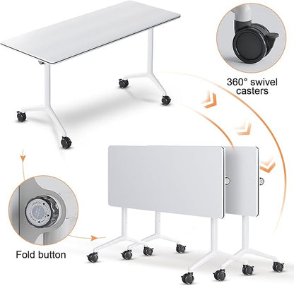 Conference Room Table, 55 Inch Folding Conference Tables with Wheels, Modern Office Meeting Table, Easy Flip & Nest Design, Rectangular Seminar Tables with Metal Frame for 2-24 People(A 6PCS)