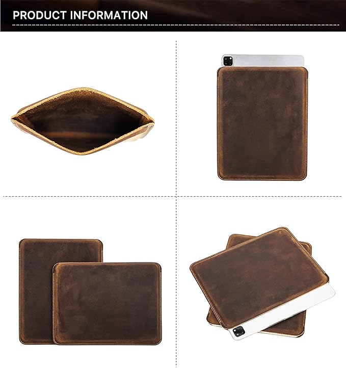 Top Grain Leather 12.9" Tablet Sleeve Slim Protector, Vintage Design, Fully Handmade, Compatible with 12.9" iPad Pro 3/4/5/6 Gen, Fits A2233 A2069 A2378 A2379 A2461 A2462, Coffee 12.9 Inch