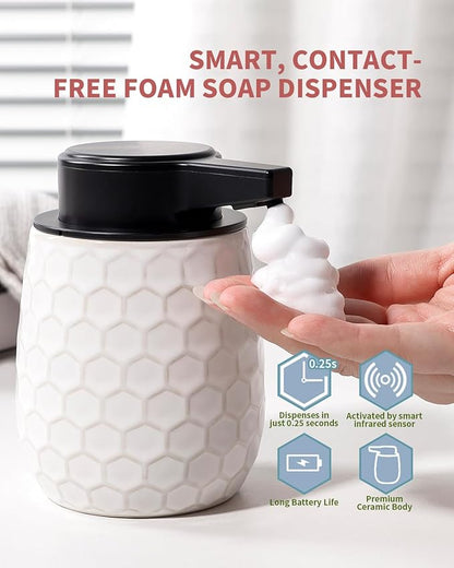 Automatic Soap Dispenser, Touchless Foaming Dish Soap Dispenser 13OZ/384ml, Ceramic White Foam Soap Dispenser Bathroom Kitchen, Waterproof, USB C Rechargeable, ANTIS'S HOME