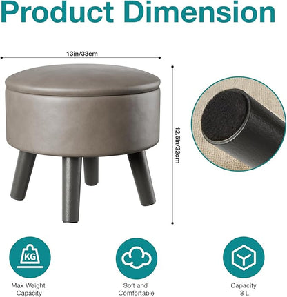 Small Foot Stool Ottoman with Storage, Faux Leather Ottoman Foot Rest for Couch, Round Footstool Ottomans for Living Room (Gray)