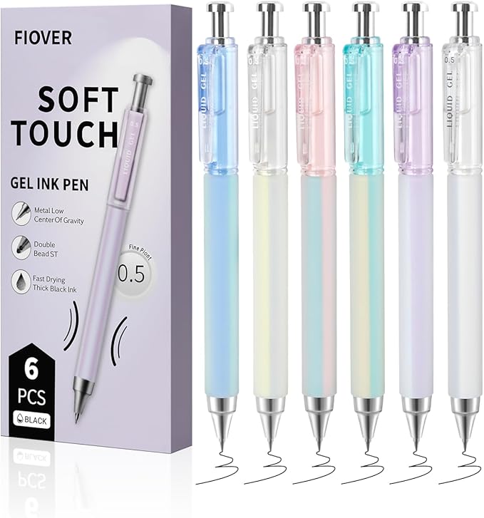 FIOVER Gel Pens, 6 Pcs 0.5mm Quick Dry Black Ink Pens, Fine Point Smooth Writing Pens, Retractable with Silicone Grip, High-End Cute Aesthetic Office School Supplies, Gifts for Women Men (6pcs black)