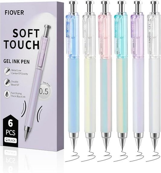 FIOVER Gel Pens, 6 Pcs 0.5mm Quick Dry Black Ink Pens, Fine Point Smooth Writing Pens, Retractable with Silicone Grip, High-End Cute Aesthetic Office School Supplies, Gifts for Women Men (6pcs black)