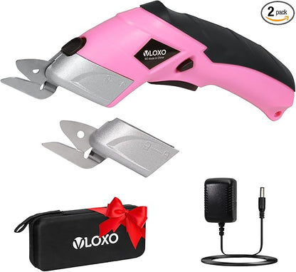 VLOXO Cordless Electric Scissors Cardboard Cutter with 2 Type Blades Rechargeable Powerful Shears Cutting Tool for Fabric Electric Box Cutter Leather Felt with Charger & Storage Box-Pink