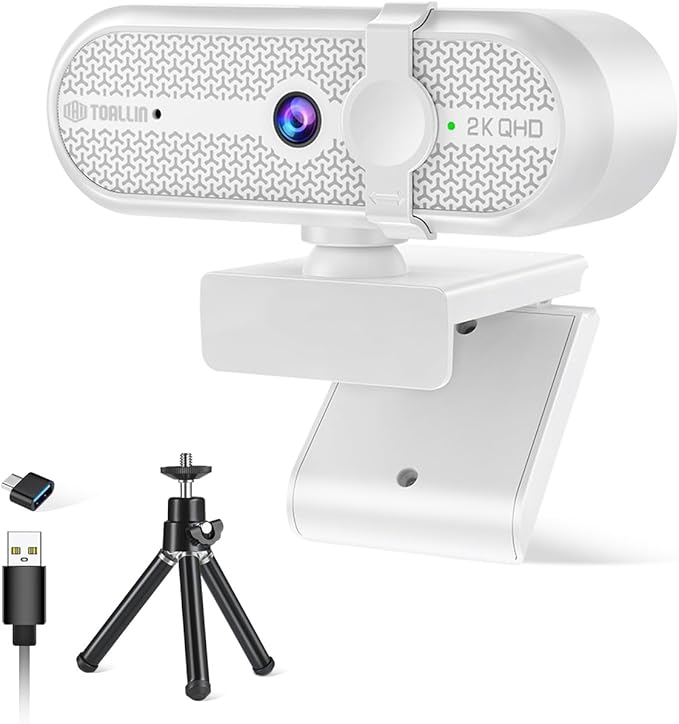 TOALLIN 2K Webcam for Streaming, 5 Million Pixels, Built-in Mic, FOV 90° Webcam with Tripod and Privacy Cover, USB Computer Camera for Laptop, Live-Streaming, Gaming, Video Calls