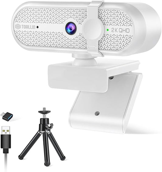 TOALLIN 2K Webcam for Streaming, 5 Million Pixels, Built-in Mic, FOV 90° Webcam with Tripod and Privacy Cover, USB Computer Camera for Laptop, Live-Streaming, Gaming, Video Calls
