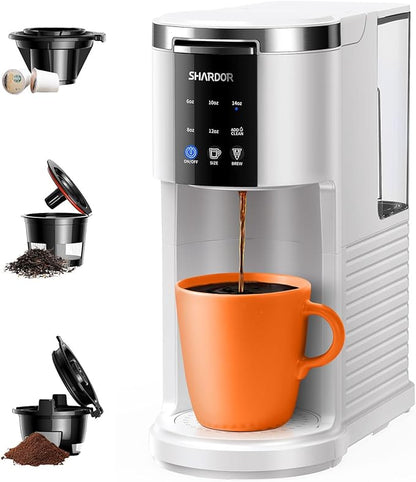 SHARDOR K Cup Coffee Maker, 3 in 1 Single Serve Coffee Maker for K Cup Pods & Ground Coffee & Teas, 6 to 14oz Brew Sizes, 40oz Detachable Water Reservoir, Compact Design, White