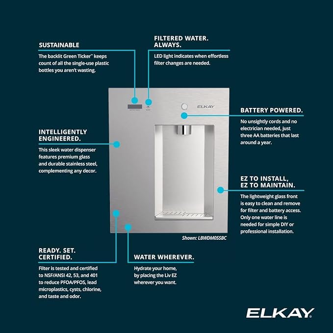 Elkay Liv EZ Built-in Filtered Wall-Mount Water Dispenser – Battery Powered, NSF Certified, Push Button, Reduces Lead & PFAS, Steel Gray – Ideal for Home