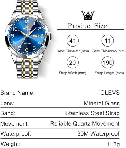 Men's Casual Stainless Steel Watch, Big Face Easy to Read Analog Quartz Watch with Day and Date, Classic Waterproof Diamond Roman Arabic Numerals Dial Dress Watch for Men, Gold Silver Black Band