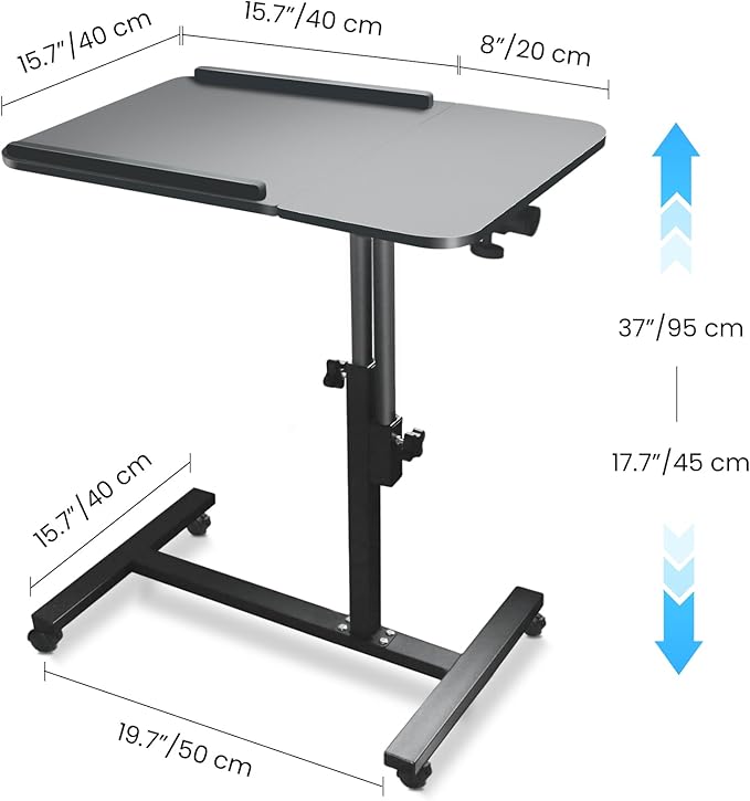 Aconcept Dual Tilt-Swivel Desktop Overbed Bed-Side Table, Adjustable Height Laptop Standing Desk with Wheels, Folding Mobile TV Dinner Tray Table, Black