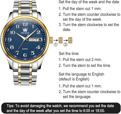 Men's Casual Stainless Steel Watch, Big Face Easy to Read Analog Quartz Watch with Day and Date, Classic Waterproof Diamond Roman Arabic Numerals Dial Dress Watch for Men, Gold Silver Black Band