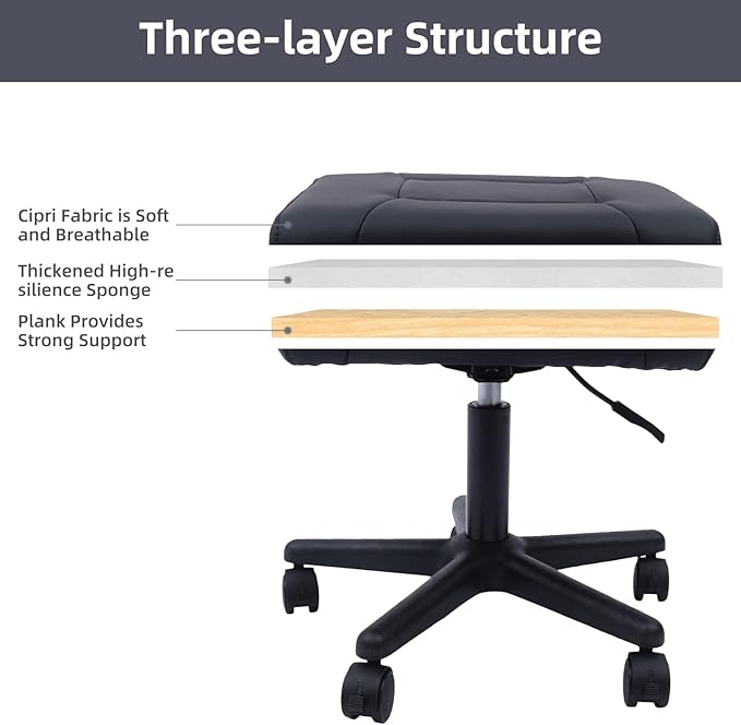 Footstool on Wheels, 15-20'' Height Adjustable, Lockable Rolling Stool Foot Rest for Office and Gaming Chairs, Load Capacity 330Lbs, Black
