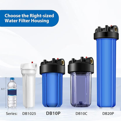 SimPure Whole House Water Filter Housing (DB10P), 10" x 4.5" Sediment Carbon Filter Universal Housing, Pre-Filtration System for Well and City Water, 1" NPT Port, Pressure Release