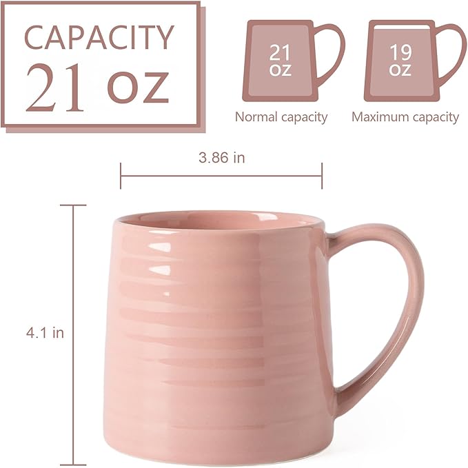 Ceramic Coffee mugs, 21 oz, Extra Large Mugs, Big Tea Cup, Large Handle, Pottery Mug, Big Belly, Transmutation Glaze，Wide Bottom, stripe pattern, Microwave & Dishwasher Safe. (Pink)