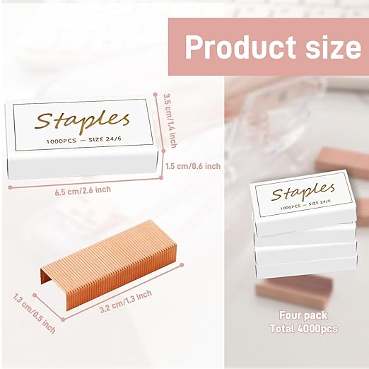 4000pcs 24/6 Colored Rose Gold Staples, Premium Standard Stapler Refill Pins, Staples for Desktop Stapler Home Office Heavy Duty Supply, 50 Per Strip, 4 Box