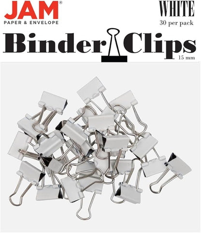 JAM PAPER Colorful Binder Clips - Extra Small - 3/5 Inch (15 mm) - White Binderclips - 30/Pack