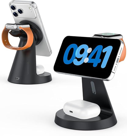 Wireless Charger 3 in 1 Charging Station for iPhone: Magnetic Docking Station for iPhone 17/16/15/14/13/12 - Multi Charging Dock for Apple Watch & Airpods 4 3 2 Pro (Adapter Included) (Black)