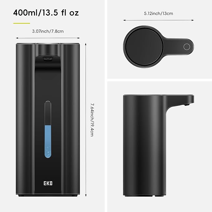 EKO Aroma Pro 13.5 fl oz Touchless Automatic Liquid Soap Dispenser, Rechargeable Hand & Dish Soap Dispenser for Bathroom and Kitchen Sink, Waterproof, Adjustable Volume Control (Matte Black)