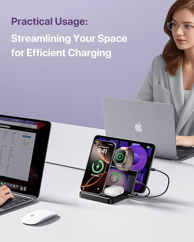 Intoval 5-in-1 Charging Station, for iPhones 17/17 Pro/17 Pro Max and Androids, iPad Pro/Air/Mini, Apple Watch 11/Ultra 3/Ultra 2/Ultra/10/9/SE, Wireless Charging Dock for Multiple Devices (Lavender)
