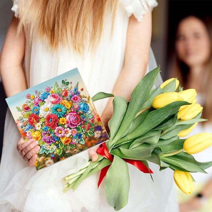 6pcs DIY Flowers Diamond Art Painting Greeting Cards Kit, Rhinestone Art Holiday Birthday Card Set with Envelopes, DIY Festival Craft for Girlfriend, Christmas Valentine Gift Making Supplies