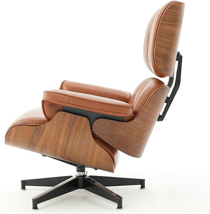 Mid Century Chaise Lounge Chair with Ottoman, Top Black Grain Leather, Modern Office Chair Classic Design, Heavy Duty Base Support for Living Room Study Lounge Office