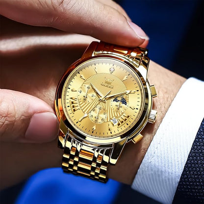 OLEVS Men's Luxury Watch Waterproof Luminous Easy Read Chronograph Watches Full Gold/White Dail/Black Face with Calendar Wristwatch