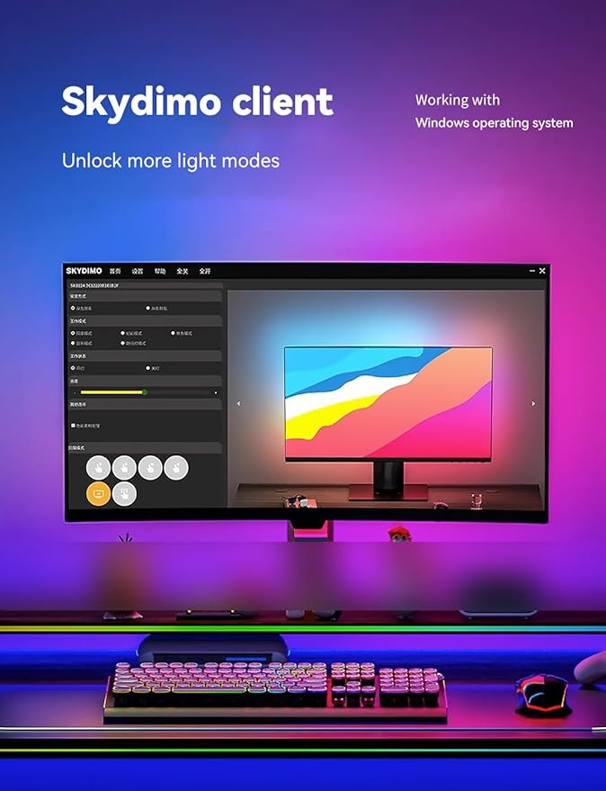 RGB Backlight for PC & Mac, LED Strip Light Sync with Screen Color or Music, Stick to The Edge of Your Desk, LEDs for Desk Gaming, USB Port, Software Control, 6.57ft / 2m