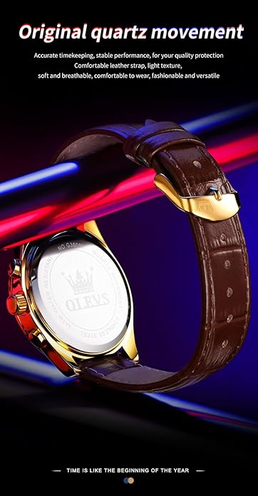 OLEVS Men's Leather Analog Quartz Watch - Luxury Chronograph Wristwatch With Date, Waterproof, Luminous - Dress Style