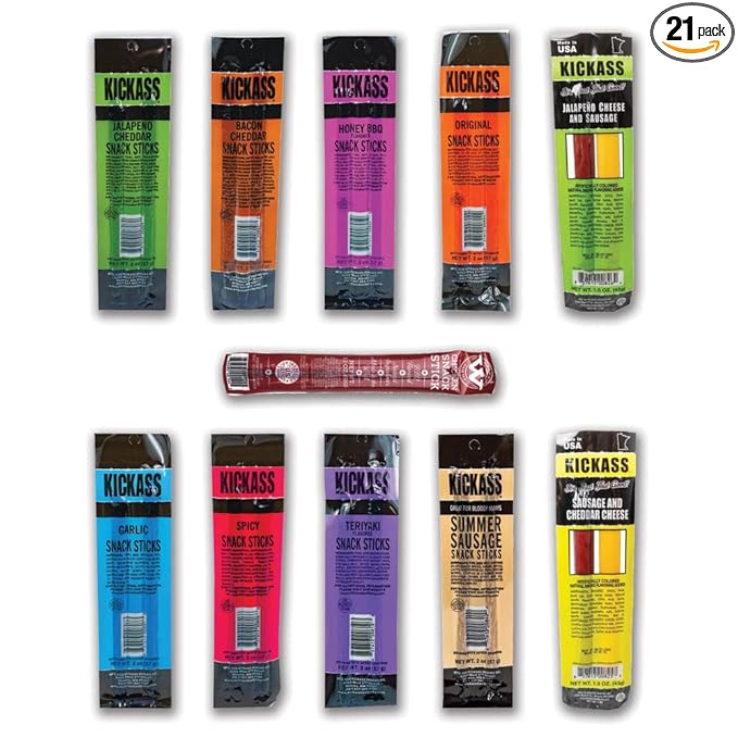 Kickass Beef Jerky Stick Sampler - 21 Jerky Meat and Cheese Sticks - 13 Mild Flavors Including 1 Bonus Walker Farms BBQ Chicken Stick - Gluten Free Snacks, Keto Friendly Snacks - Valentine's Gifts