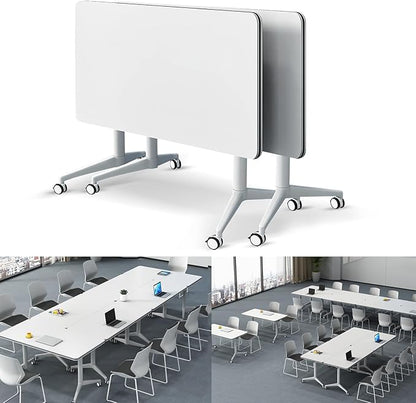 Folding Conference Table Modern Large Mobile Meeting Table Rolling Conference Room Tables with Wheels Seminar Tables for Office Training Classroom (2, White, 63" D X 19.7" W X 29.5" H)