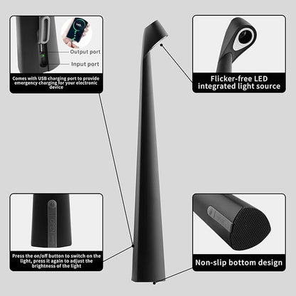 Portable Cordless LED Desk Lamp,Rechargeable Wireless Table Lamp, 3-Level Brightness, Patio Table Lamp, Bedside Night Light, Dining Room Ambient Light, Reading Light (Black)