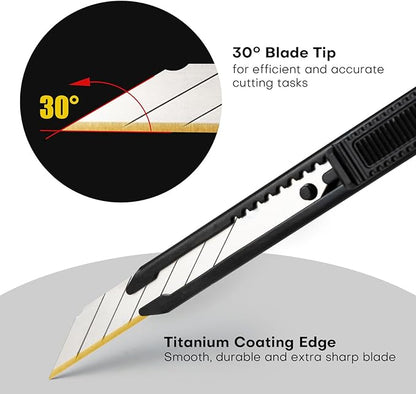 NEWISHTOOL 3 Pack Utility Knife Box Cutter Retractable, Titanium Coating Edge 9mm Wide Snap-Off Blades, Razor Knife Craft Knives with Extra Ti-Blades for Office, Cutting Paper, Film,Wrapping, Carboard