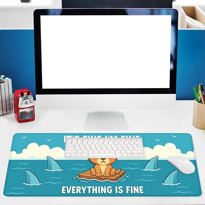 Funny Dog Gaming Mouse Pad Cartoon Everything Fine Reject Anxiety XL Mouse Pad Large Mousepad Extended Laptop Keyboard Mat Gaming Desk Pad Mouse Mat 31.5"x11.8"