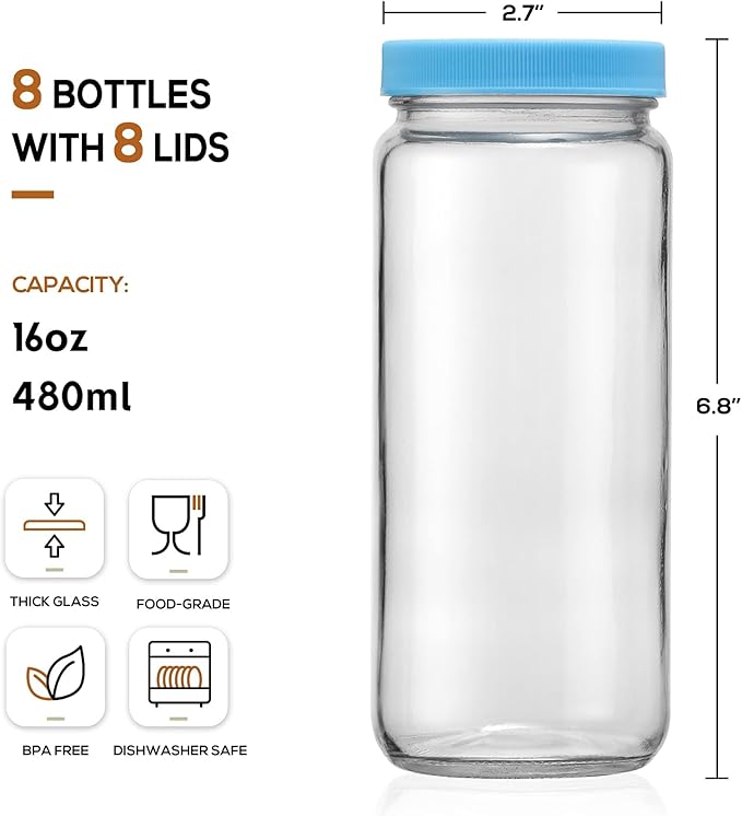 8 Pack Glass Juicing Bottle Drinking Jars with 2 Straws & 2 Lids w Hole- 16 OZ Travel Water Cups with Colored Airtight Lids, Reusable Tall Mason Jar for Juice, Bubble Tea, Smoothie, Tea, Kombucha