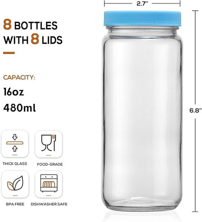 8 Pack Glass Juicing Bottle Drinking Jars with 2 Straws & 2 Lids w Hole- 16 OZ Travel Water Cups with Colored Airtight Lids, Reusable Tall Mason Jar for Juice, Bubble Tea, Smoothie, Tea, Kombucha