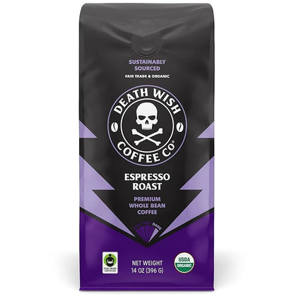 Death Wish Coffee, Whole Bean Espresso Roast - Organic, Fair Trade, Arabica and Robusta Coffee Beans, 14 ounce (Pack of 1)