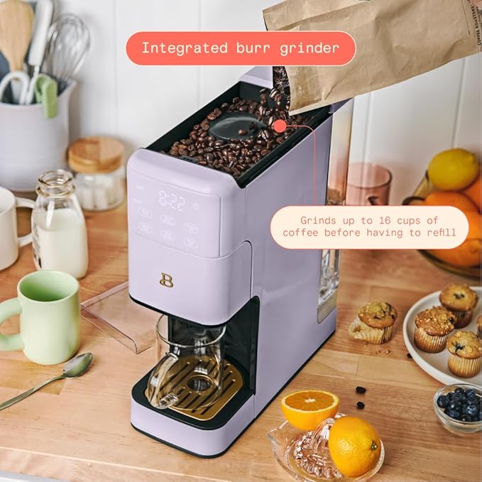Beautiful Single Serve Coffee Maker with Built-In Burr Grinder, Hot or Iced, Pod-Free, 6 Brew Sizes, 3 Strengths, Touch Display, Reusable Filter, 64oz Reservoir, Slim Design (Lavender)