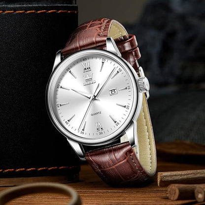 OLEVS Mens Watches Vintage Leather Band Dress Classic Easy Reader Arabic Numerals Analog Quartz Waterproof Date and Day Blue/Black/White Large Face Men's Wrist Watches