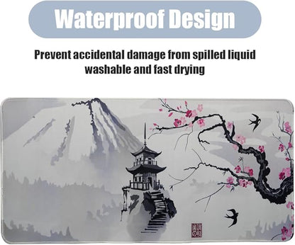 Large Sakura Mouse Pad, White Japanese Cherry Blossom Desk Mat,Extended Keyboard Mouse Pad with Non-Slip Base and Stitched Edge 23.6" x 11.8" Desktop Protector for Office and Home