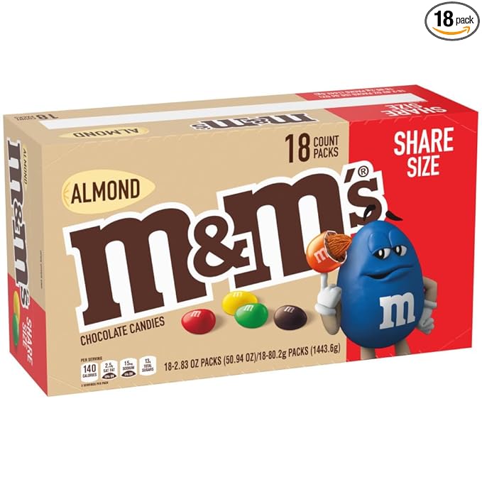 M&M'S Almond Chocolate Candy, Full Size 2.83 oz Bag, Pack of 18 Bulk Candy Chocolate