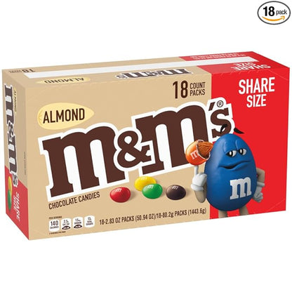 M&M'S Almond Chocolate Candy, Full Size 2.83 oz Bag, Pack of 18 Bulk Candy Chocolate