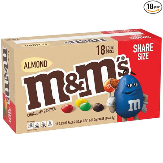 M&M'S Almond Chocolate Candy, Full Size 2.83 oz Bag, Pack of 18 Bulk Candy Chocolate