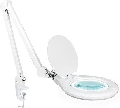Neatfi Elite Super LED Magnifying Lamp with Clamp, 6” Glass Lens, Dual Magnification, 5D/12D, 6500K, Glare-Free, Nonpolar Dimming, Lamp for Reading, Sewing, Crafting (6 Inch Lens, White)