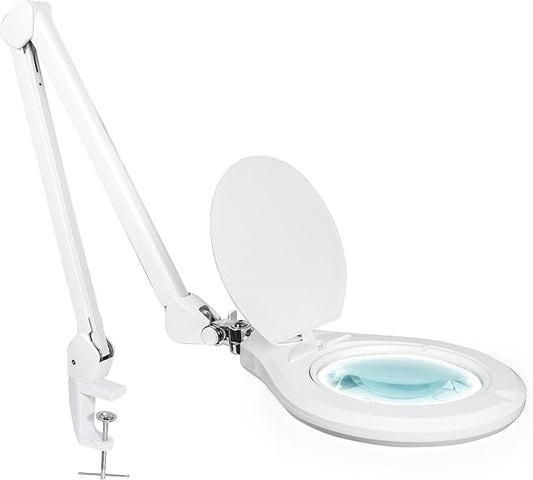 Neatfi Elite Super LED Magnifying Lamp with Clamp, 6” Glass Lens, Dual Magnification, 5D/12D, 6500K, Glare-Free, Nonpolar Dimming, Lamp for Reading, Sewing, Crafting (6 Inch Lens, White)