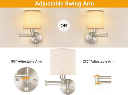 Plug in Wall Sconces with Remote Control, Dimming & Adjustable Colors 2700K-6500K, Hardwire or Plug-in, Swing Arm Wall Lamp with Linen Fabric Shade, Wall Sconces Set of Two, Brushed Nickel Finish